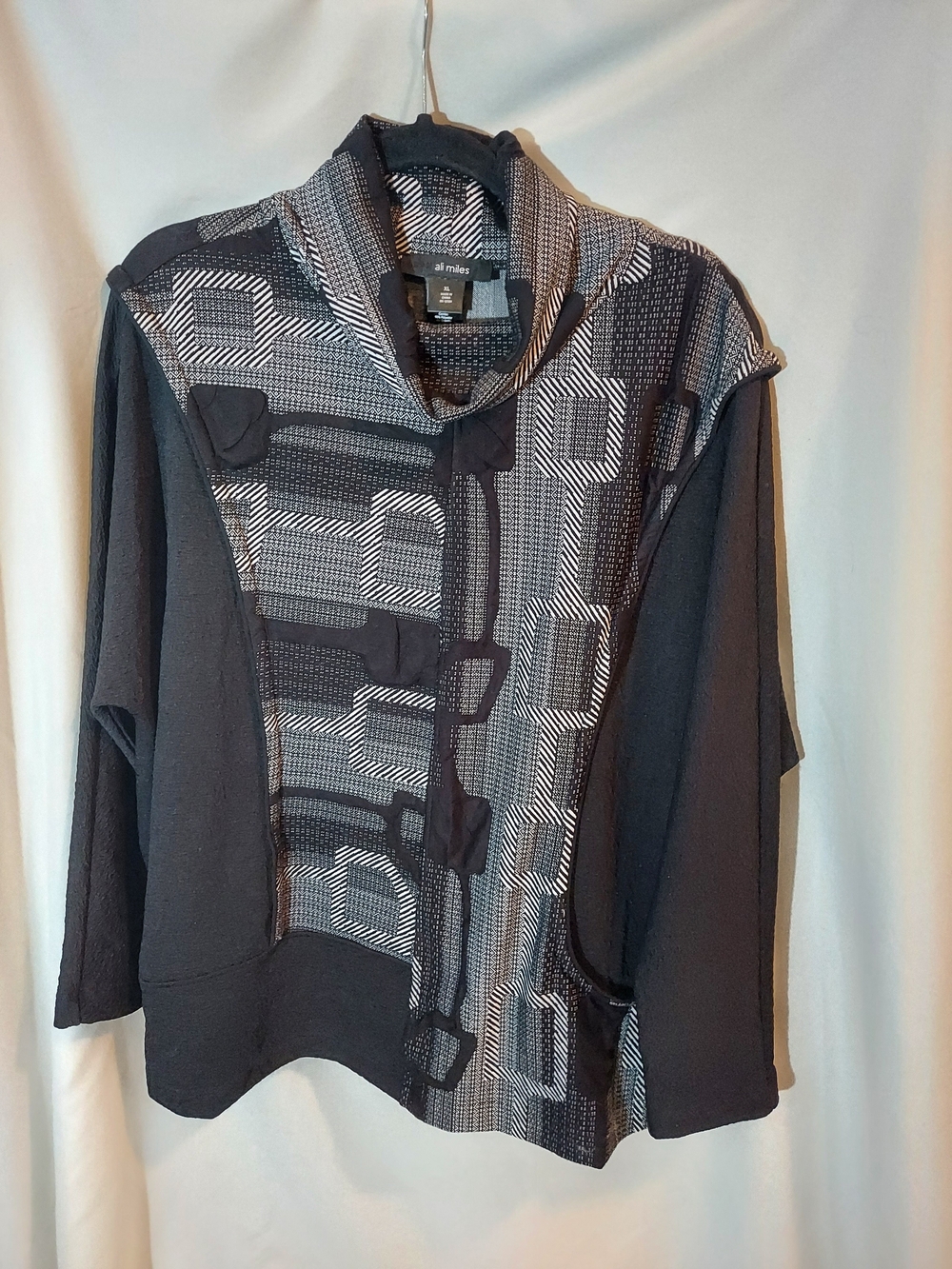 Ali Miles Mixed-Media Geometric Cowl Neck Top Black Gray XL Art To Wear